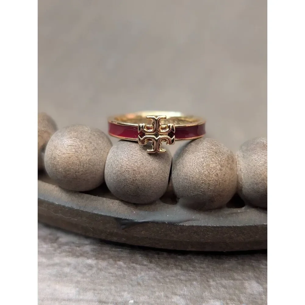 TORY BURCH Kira Maroon Enamel Double T Logo Ring Size 8